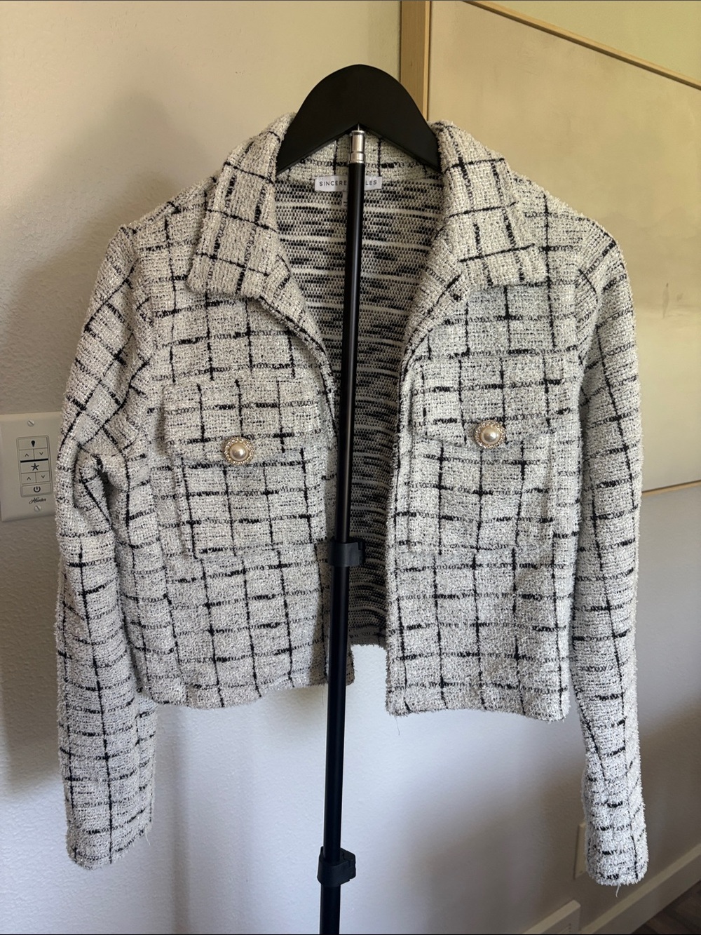Sincerly Jules Black and White Tweed Pearl-Button Cropped Blazer